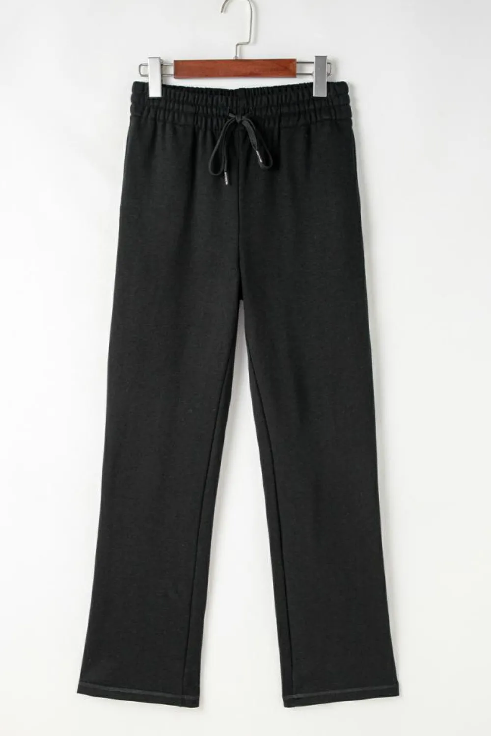 Clearance Dear-Lover Solid Color Fleece Lined Drawstring Waist Casual Pants Black