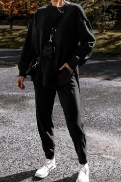 Clearance Dear-Lover Solid Color High Low Pullover and Skinny Pants Set Black