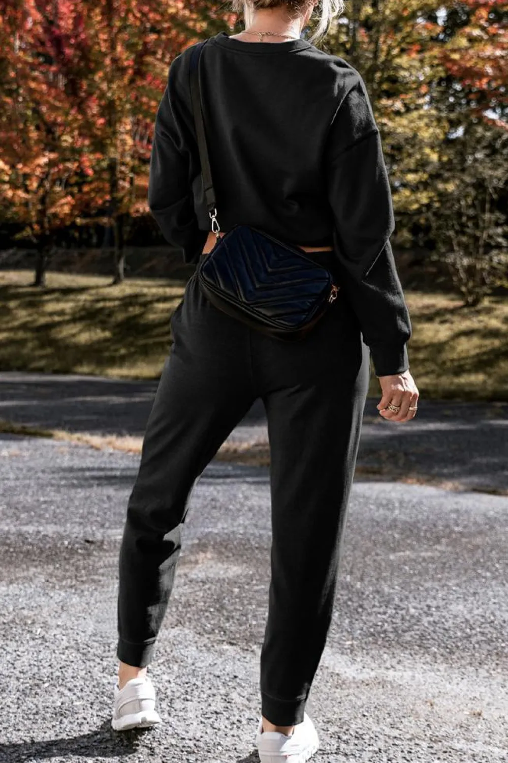 Clearance Dear-Lover Solid Color High Low Pullover and Skinny Pants Set Black