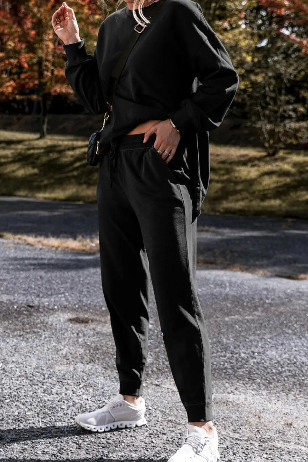 Clearance Dear-Lover Solid Color High Low Pullover and Skinny Pants Set Black