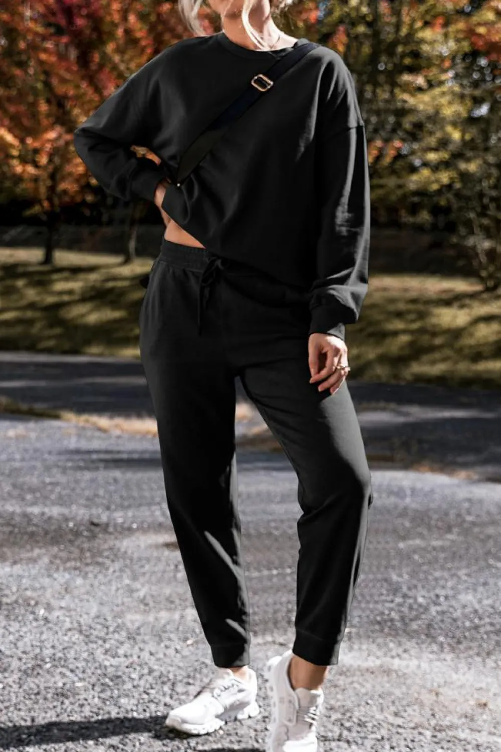 Clearance Dear-Lover Solid Color High Low Pullover and Skinny Pants Set Black