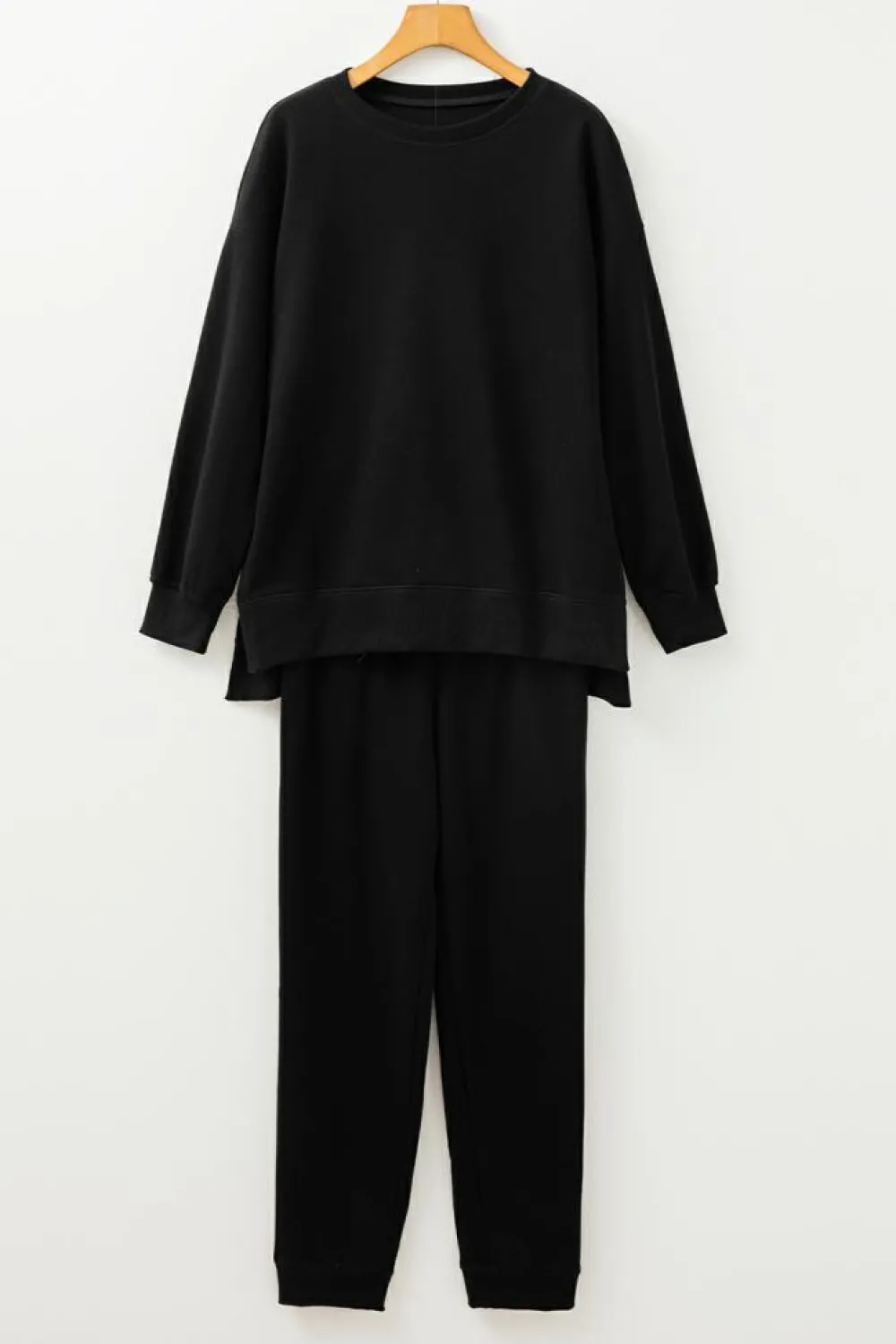 Clearance Dear-Lover Solid Color High Low Pullover and Skinny Pants Set Black