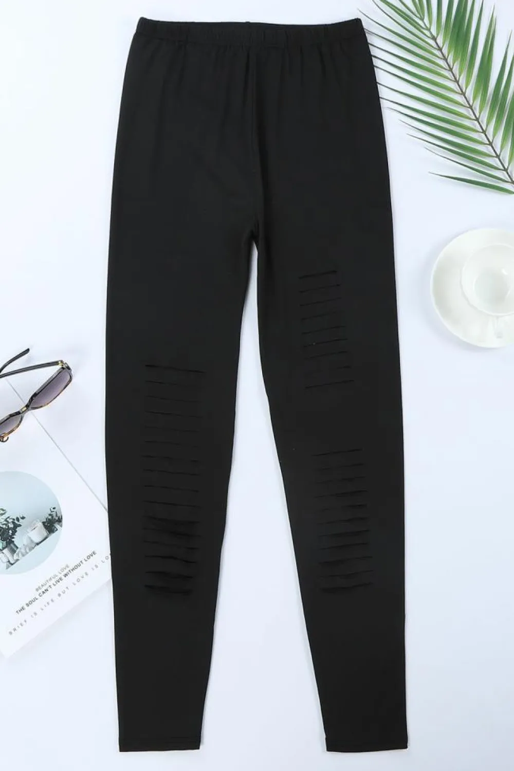 New Dear-Lover Solid Color High Waist Ripped Leggings Black