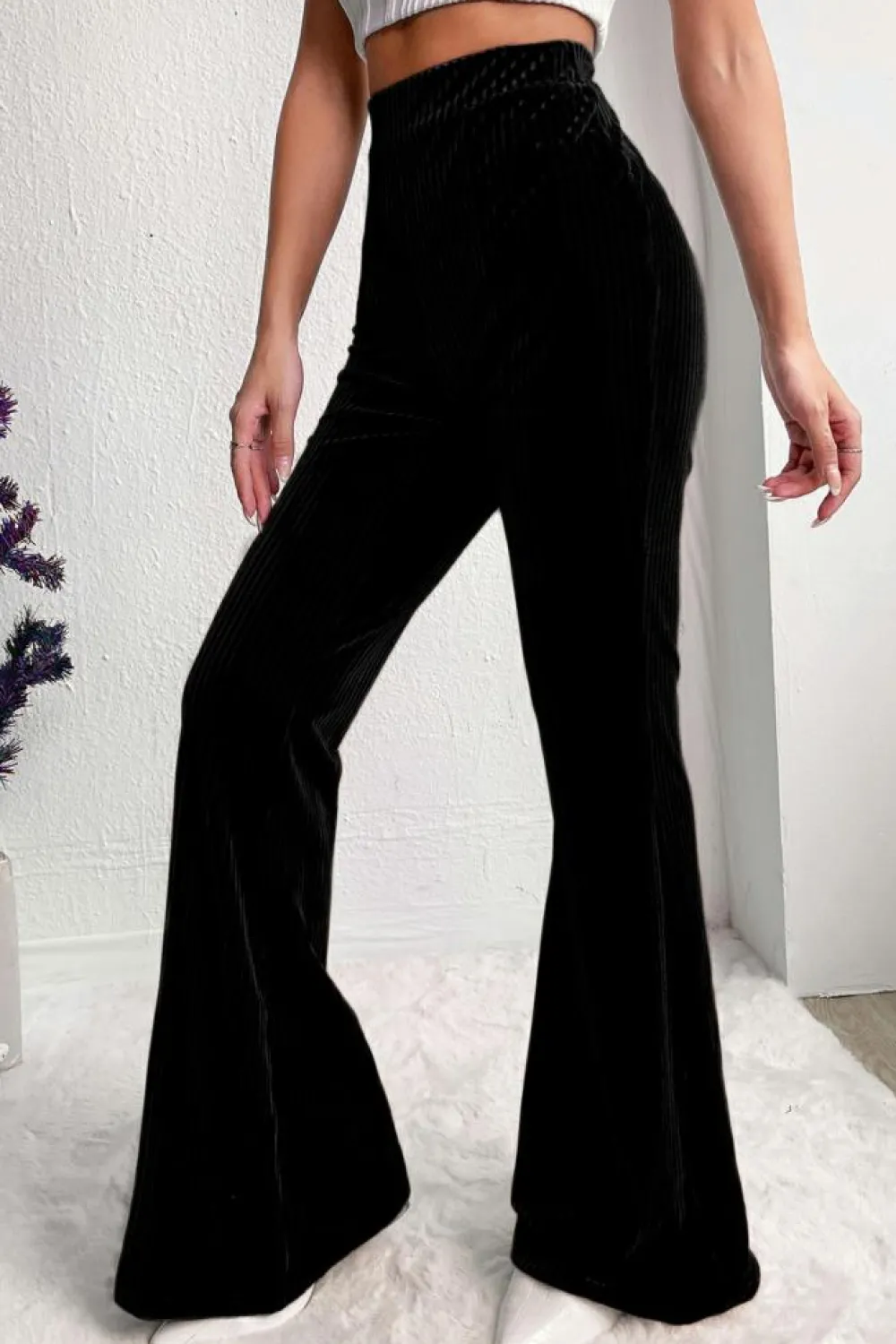 Discount Dear-Lover Solid Color High Waist Flare Corduroy Pants Black