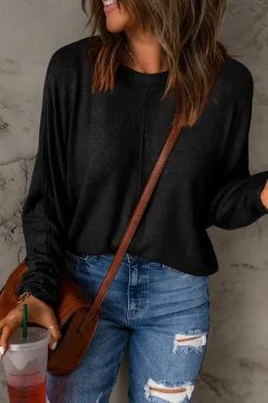 Fashion Dear-Lover Solid Color Patchwork Long Sleeve Top Black
