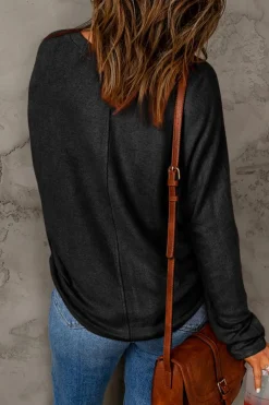 Fashion Dear-Lover Solid Color Patchwork Long Sleeve Top Black