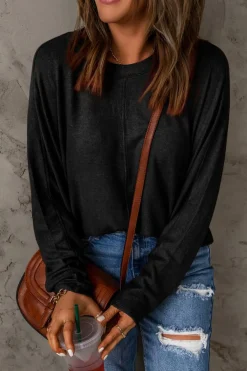 Fashion Dear-Lover Solid Color Patchwork Long Sleeve Top Black
