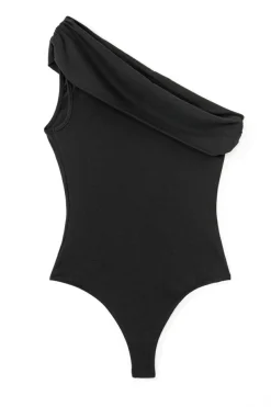 Fashion Dear-Lover Solid Color Pleated One Shoulder Bodysuit Black