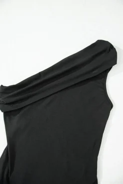 Fashion Dear-Lover Solid Color Pleated One Shoulder Bodysuit Black