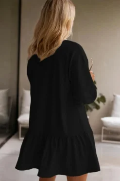 Online Dear-Lover Solid Color Puff Sleeve Ruffle Hem Mini Dress Black