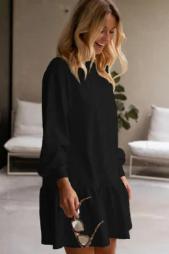 Online Dear-Lover Solid Color Puff Sleeve Ruffle Hem Mini Dress Black