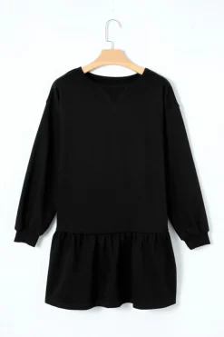 Online Dear-Lover Solid Color Puff Sleeve Ruffle Hem Mini Dress Black