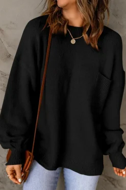 Hot Dear-Lover Solid Color Puffy Sleeve Pocketed Sweater Black