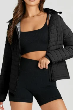 Sale Dear-Lover Solid Color Quilted Zip-up Puffer Jacket Black