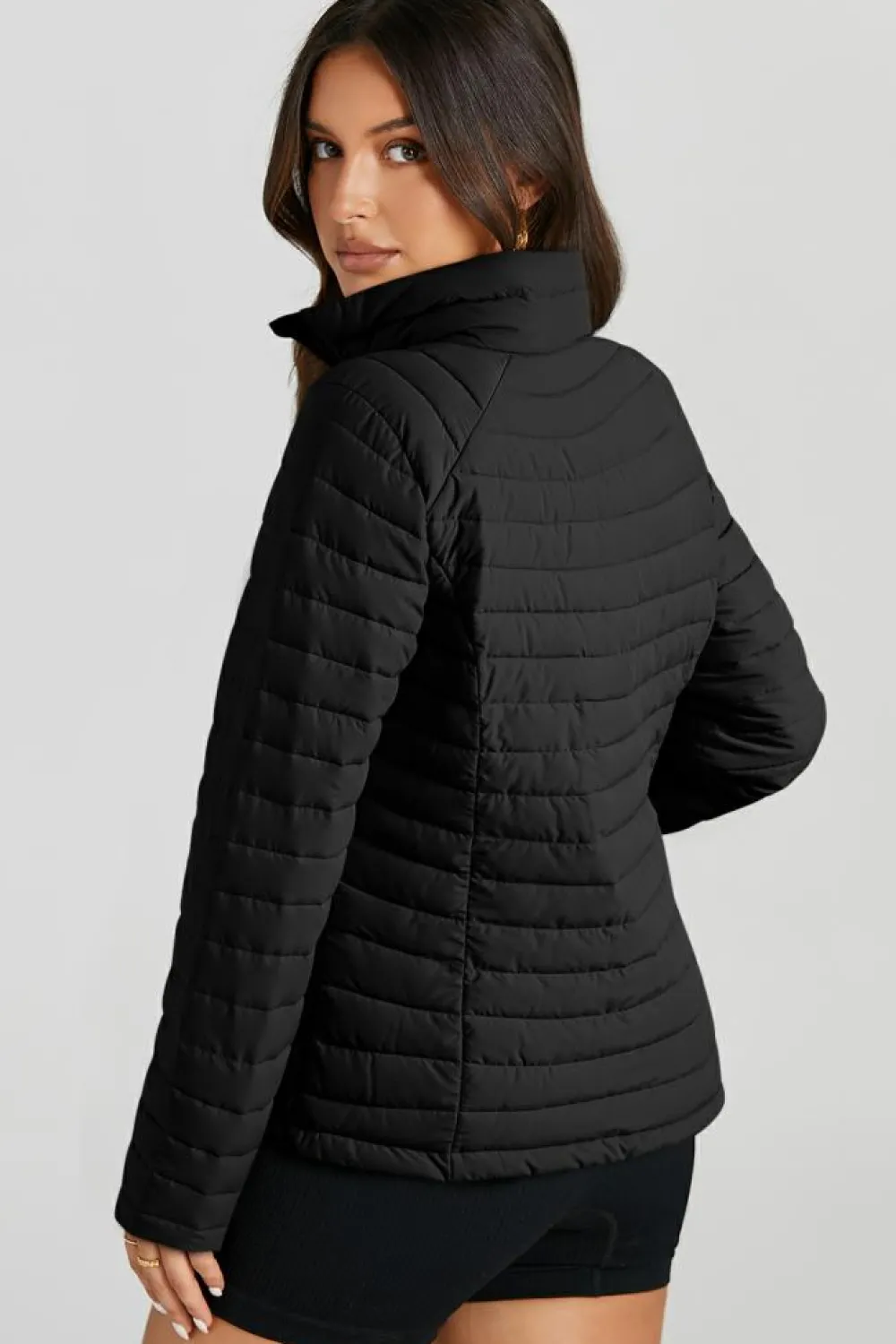 Sale Dear-Lover Solid Color Quilted Zip-up Puffer Jacket Black