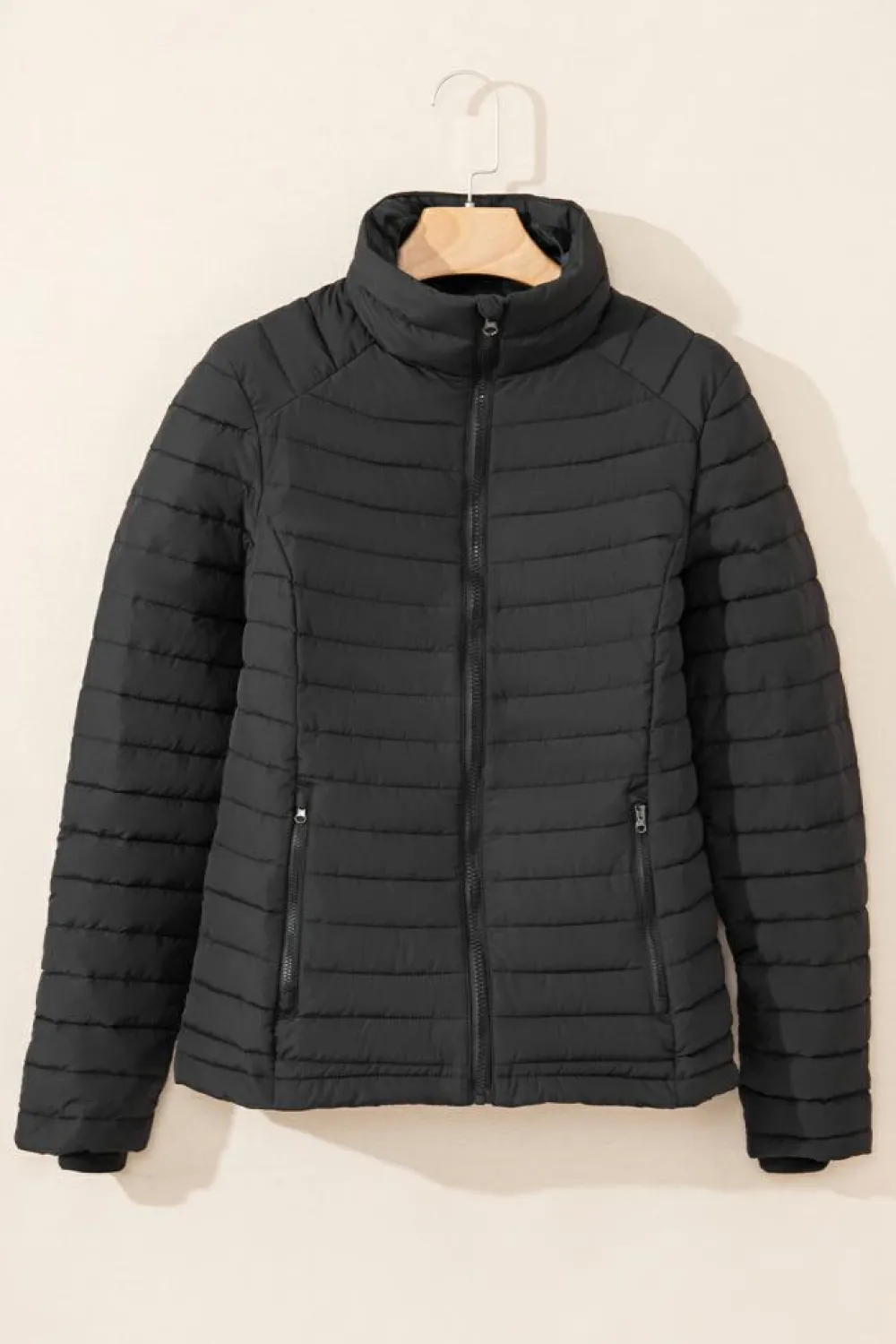 Sale Dear-Lover Solid Color Quilted Zip-up Puffer Jacket Black