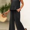 Online Dear-Lover Solid Color Ribbed Ruffle Tank Top and Pants Set Black