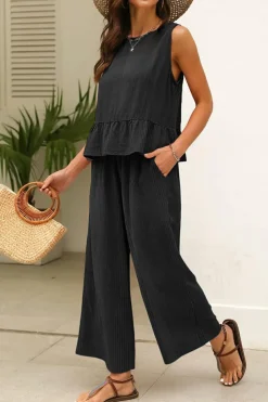 Online Dear-Lover Solid Color Ribbed Ruffle Tank Top and Pants Set Black