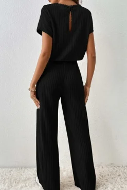 Best Dear-Lover Solid Color Ribbed Short Sleeve Wide Leg Jumpsuit Black