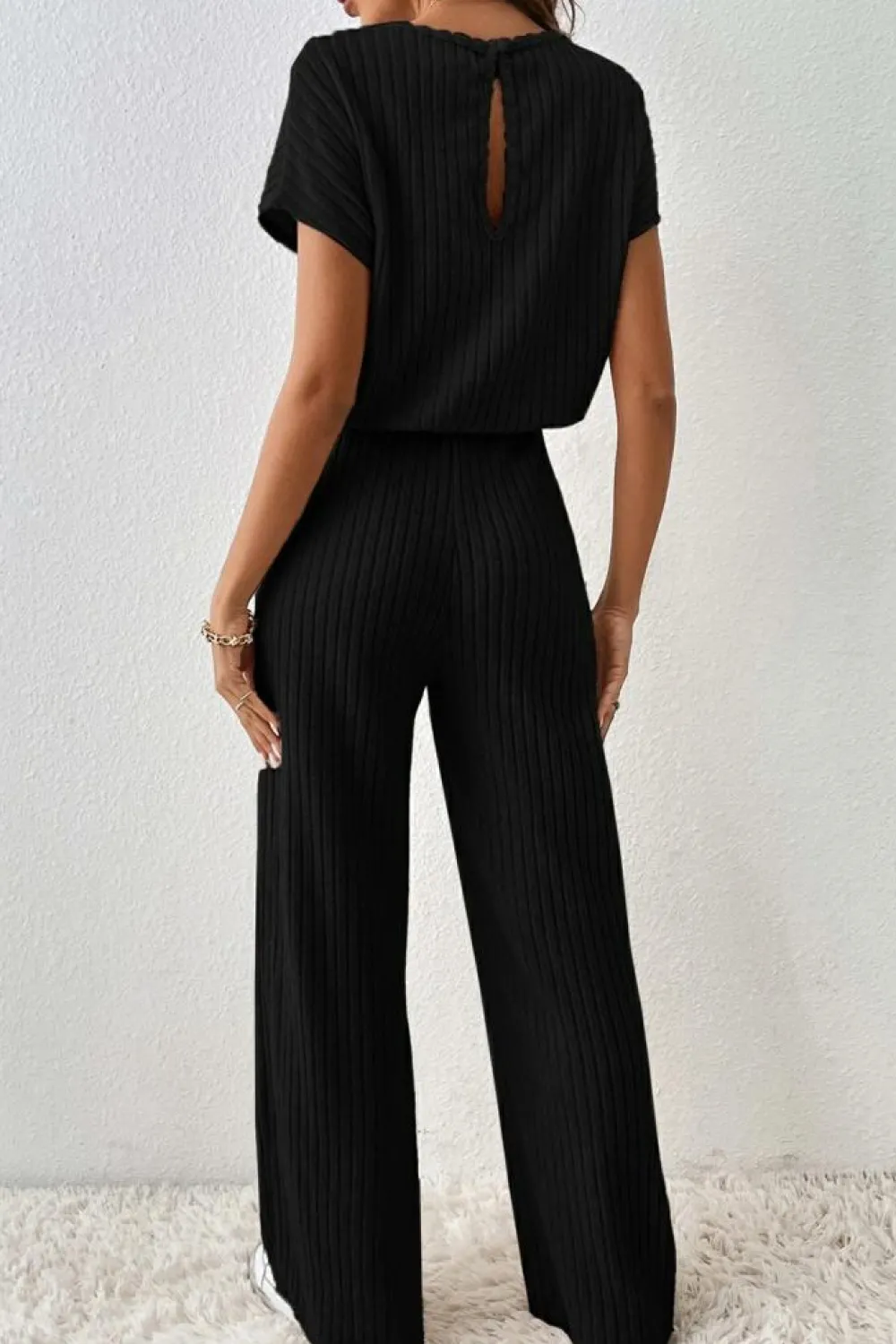 Best Dear-Lover Solid Color Ribbed Short Sleeve Wide Leg Jumpsuit Black