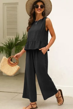 Online Dear-Lover Solid Color Ribbed Ruffle Tank Top and Pants Set Black