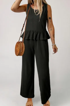 Online Dear-Lover Solid Color Ribbed Ruffle Tank Top and Pants Set Black