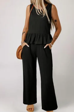 Online Dear-Lover Solid Color Ribbed Ruffle Tank Top and Pants Set Black