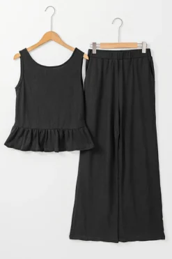 Online Dear-Lover Solid Color Ribbed Ruffle Tank Top and Pants Set Black
