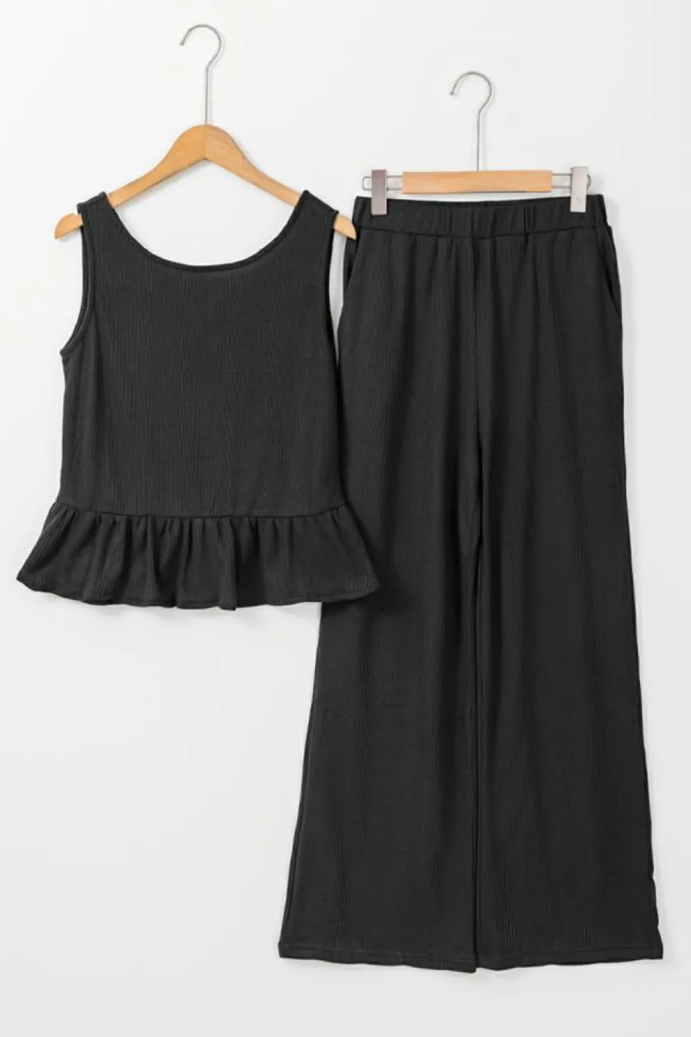 Online Dear-Lover Solid Color Ribbed Ruffle Tank Top and Pants Set Black