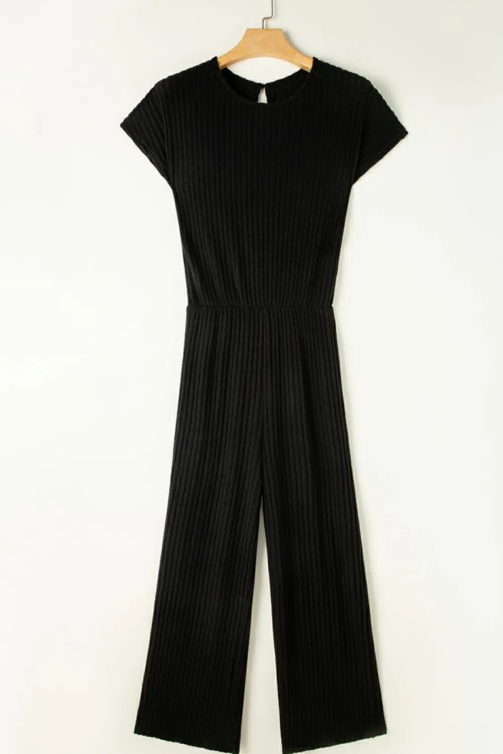 Best Dear-Lover Solid Color Ribbed Short Sleeve Wide Leg Jumpsuit Black