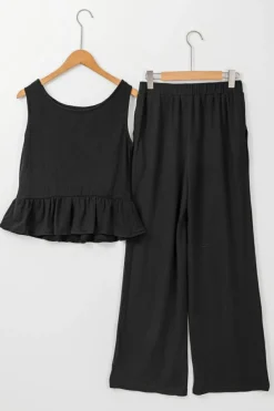 Online Dear-Lover Solid Color Ribbed Ruffle Tank Top and Pants Set Black