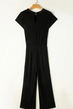Best Dear-Lover Solid Color Ribbed Short Sleeve Wide Leg Jumpsuit Black