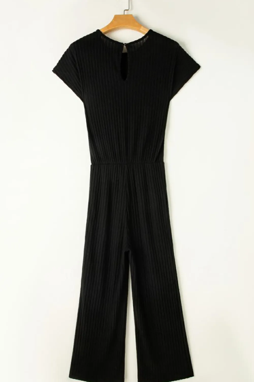 Best Dear-Lover Solid Color Ribbed Short Sleeve Wide Leg Jumpsuit Black