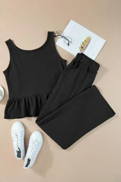 Online Dear-Lover Solid Color Ribbed Ruffle Tank Top and Pants Set Black