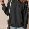 Fashion Dear-Lover Solid Color Rivet Stud Raglan Sleeve Hoodie with Pocket Black