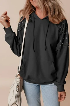 Fashion Dear-Lover Solid Color Rivet Stud Raglan Sleeve Hoodie with Pocket Black