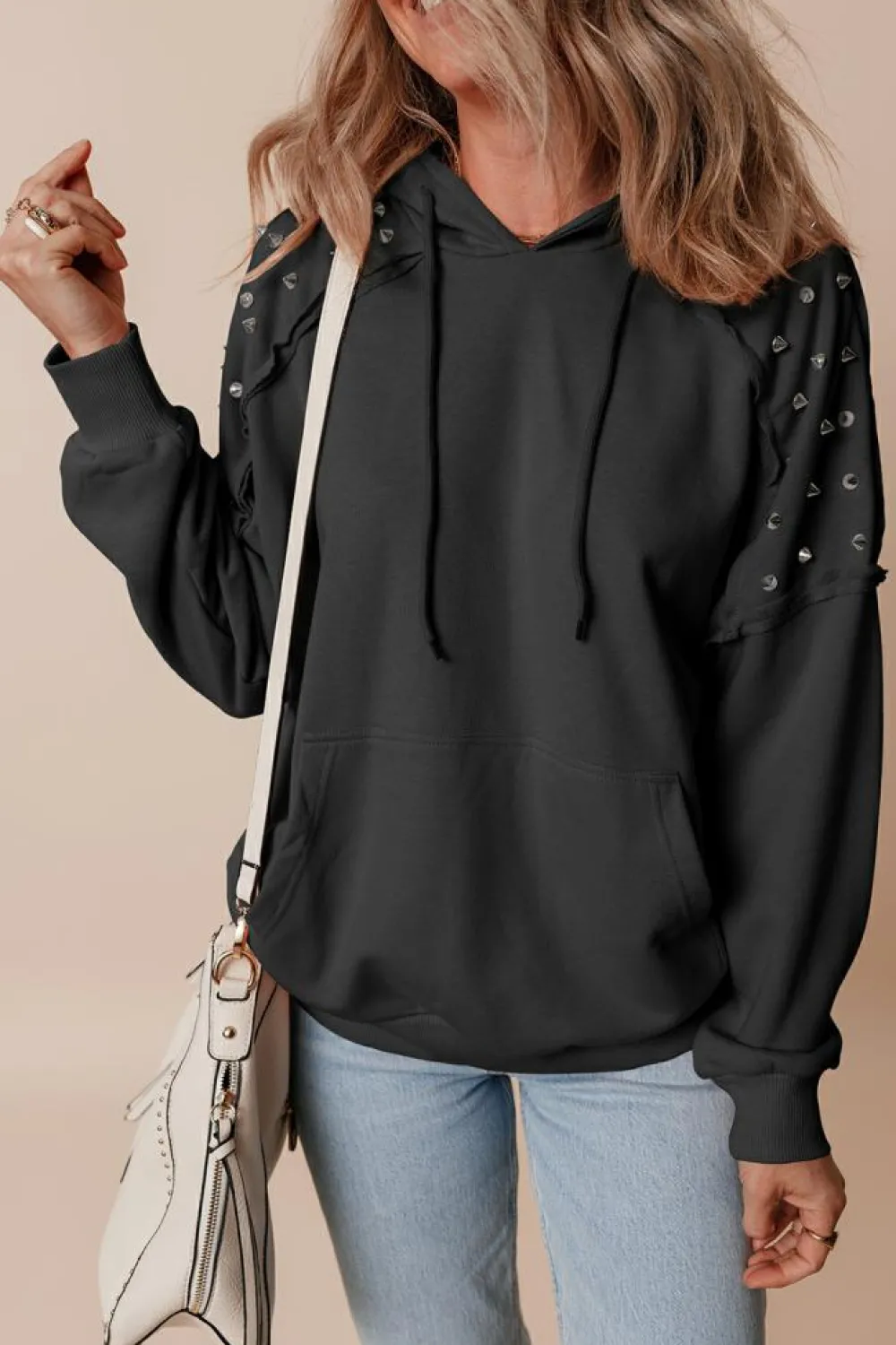 Fashion Dear-Lover Solid Color Rivet Stud Raglan Sleeve Hoodie with Pocket Black