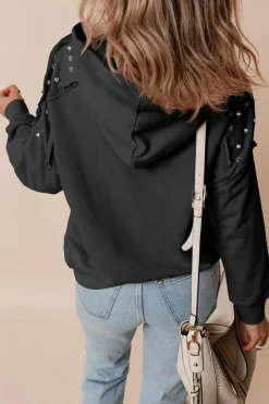Fashion Dear-Lover Solid Color Rivet Stud Raglan Sleeve Hoodie with Pocket Black