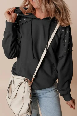 Fashion Dear-Lover Solid Color Rivet Stud Raglan Sleeve Hoodie with Pocket Black