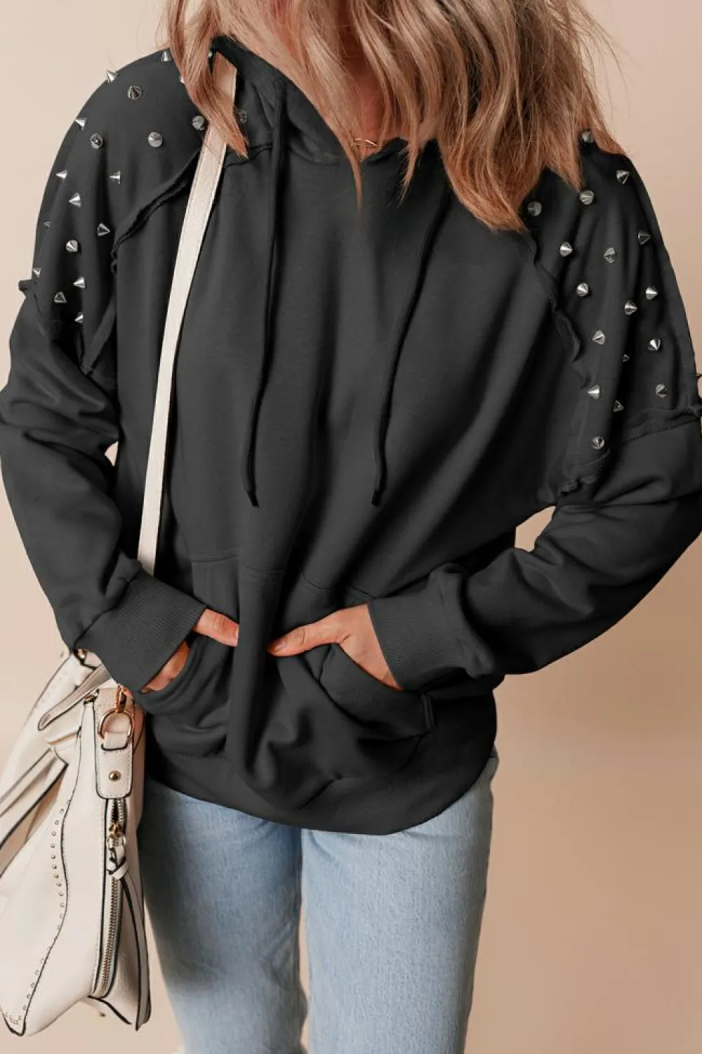 Fashion Dear-Lover Solid Color Rivet Stud Raglan Sleeve Hoodie with Pocket Black