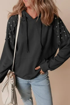 Fashion Dear-Lover Solid Color Rivet Stud Raglan Sleeve Hoodie with Pocket Black
