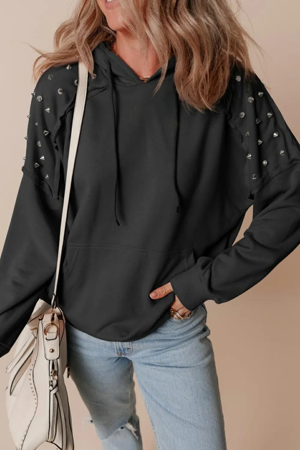 Fashion Dear-Lover Solid Color Rivet Stud Raglan Sleeve Hoodie with Pocket Black
