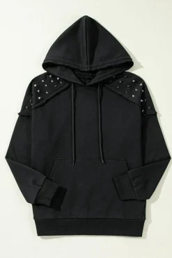 Fashion Dear-Lover Solid Color Rivet Stud Raglan Sleeve Hoodie with Pocket Black