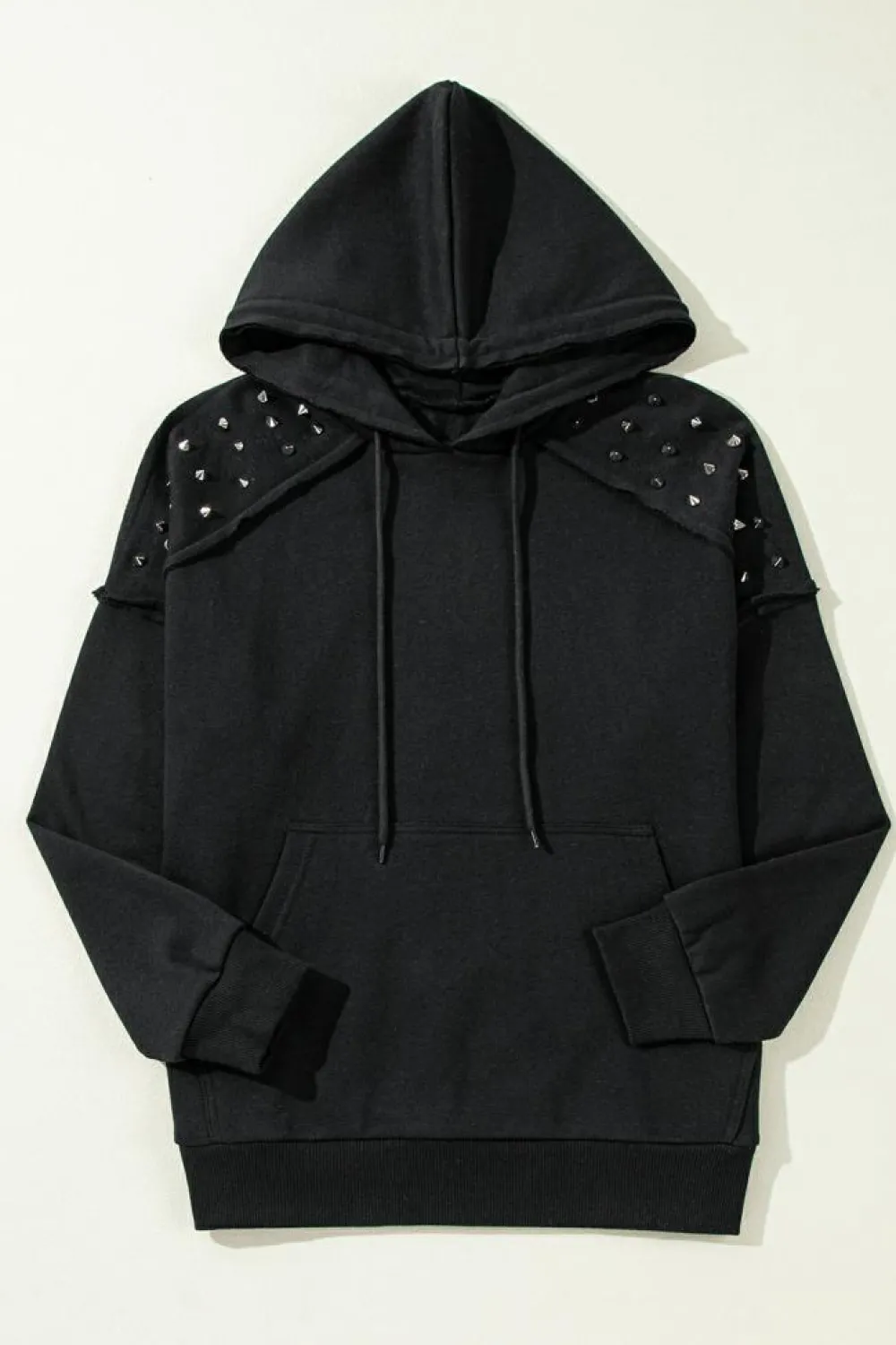 Fashion Dear-Lover Solid Color Rivet Stud Raglan Sleeve Hoodie with Pocket Black