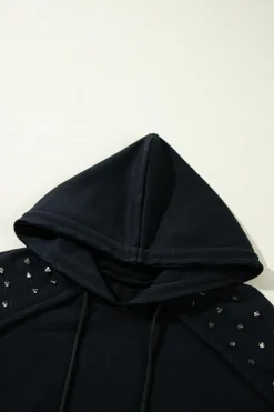 Fashion Dear-Lover Solid Color Rivet Stud Raglan Sleeve Hoodie with Pocket Black