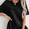 Sale Dear-Lover Solid Color Round Neck Basic Tunic T Shirt Black