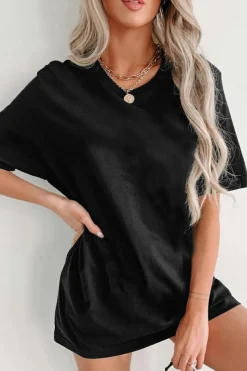 Sale Dear-Lover Solid Color Round Neck Basic Tunic T Shirt Black