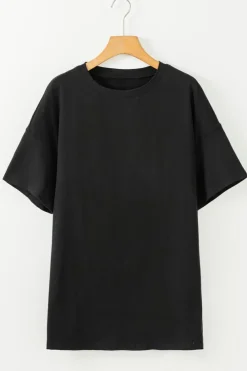 Sale Dear-Lover Solid Color Round Neck Basic Tunic T Shirt Black