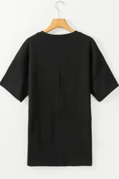 Sale Dear-Lover Solid Color Round Neck Basic Tunic T Shirt Black
