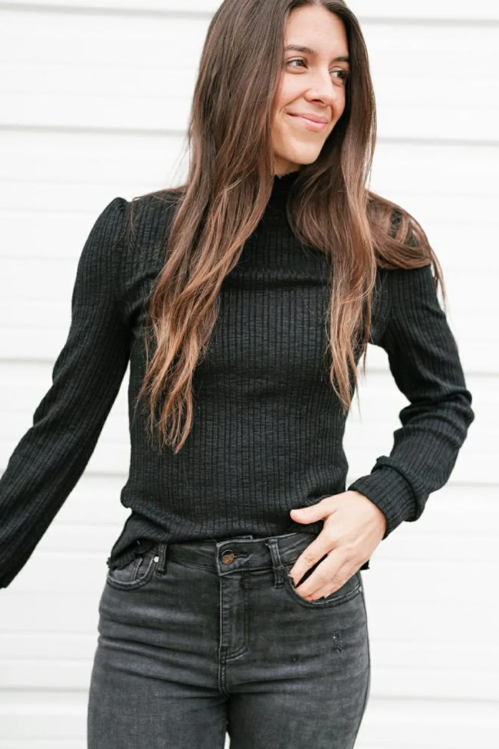 Discount Dear-Lover Solid Color Ruffled High Neck Long Sleeve Top Black